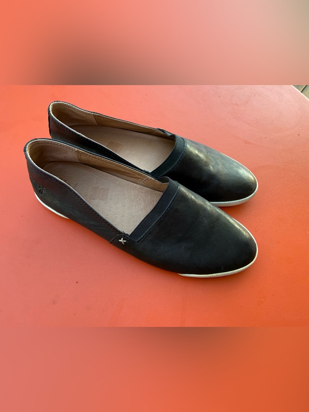 Frye Black Leather Slip-On Flats with White Trim - Picture 11 of 11